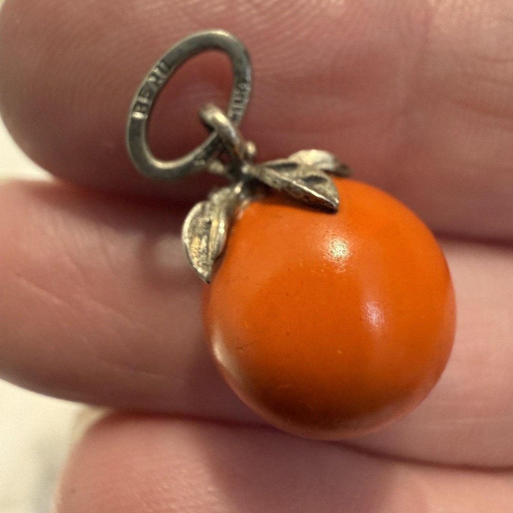 Beau Sterling Silver Orange Fruit Citrus Florida Charm Round Plastic Vintage